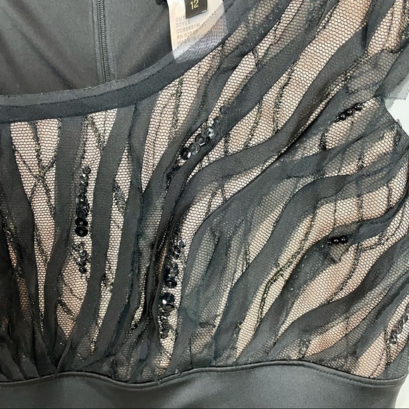 Tadashi Shoji Black MIDI Dress with Nude / Tan Embellished Top.  Size 12 - Picture 2 of 8